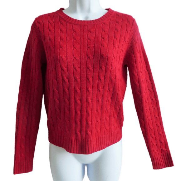 SiLK Cashmere Cable Knit Sweater Red The Limited Ribbed Crew Cuffs Waistband S - Picture 4 of 9